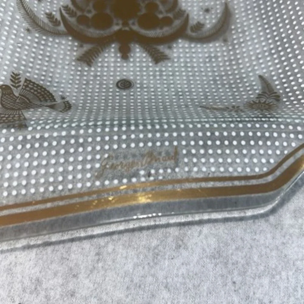 Georges Briard Gold Persian Garden Glass Double Serving Tray Signed 15”x 8”